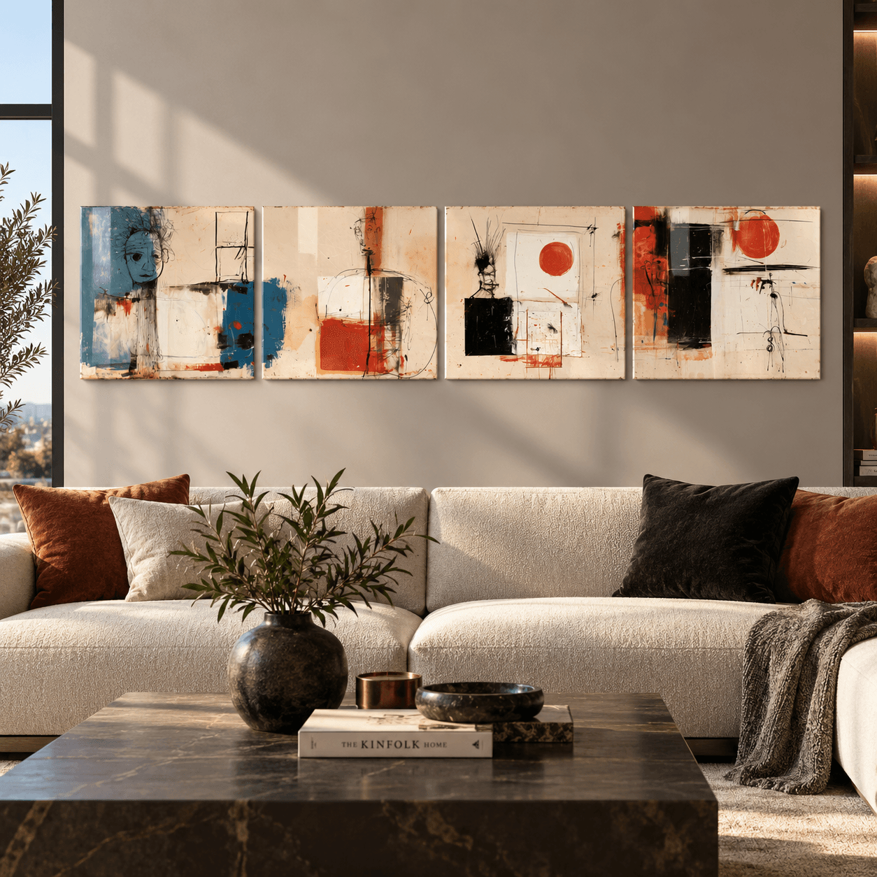 Abstract 4-piece glass panels behind a dark marble coffee table in a living room